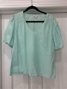 J. Crew Mint Green Striped V-Neck Puff Sleeve Top